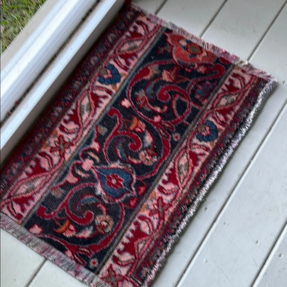 Classic hand knotted Red and Blue Patterned Wool Persian rug Door Mat.